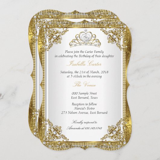 ティアラホワイト金ゴールドパールダマスクバースデーパーティー2 招待状 (正面/裏面)