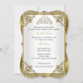 ティアラホワイト金ゴールドパールダマスクバースデーパーティー2 招待状 (正面)