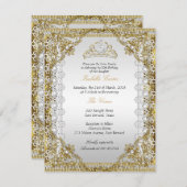 ティアラホワイト金ゴールドパールレースダマスクバースデーパーティー 招待状 (正面/裏面)