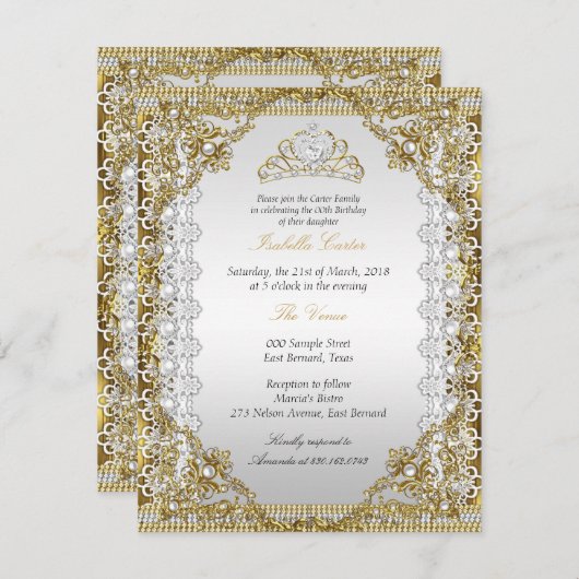 ティアラホワイト金ゴールドパールレースダマスクバースデーパーティー 招待状 (正面/裏面)