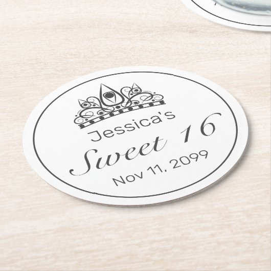ティアラミニマルモダンリストホワイトブラックスウィート16 ラウンドペーパーコースター (アングル)