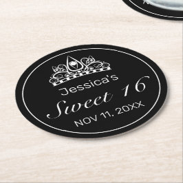 ティアラミニマルモダンリストホワイトブラックスウィート16 ラウンドペーパーコースター
