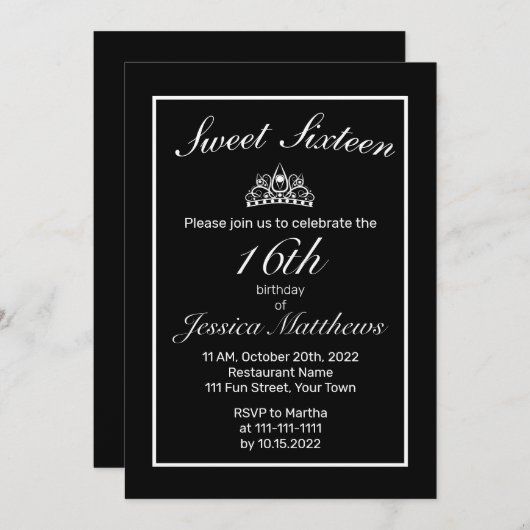 ティアラミニマルモダンリストホワイトブラックスウィート16 招待状 (正面/裏面)