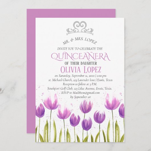 ティアラモダンキンセアニラパープルラベンダー誕生日 招待状 (正面/裏面)