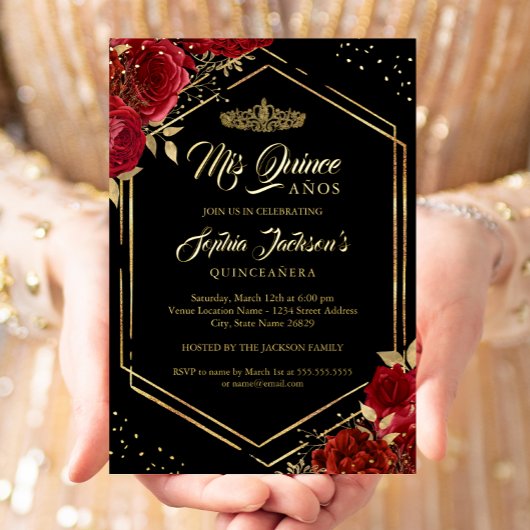 ティアラモダンフローラレッド金ゴールドキンセアニェラフォイルインヴィ 箔招待状