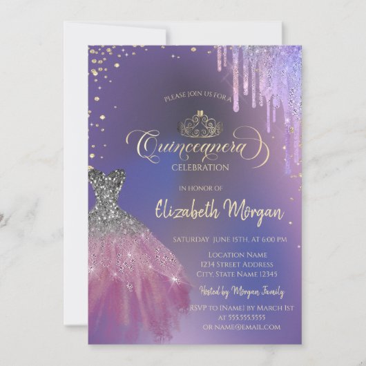 ティアラ、おしゃれなドレスからすみれ色が滴るQuinceañera 招待状 (正面)