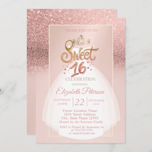 ティアラ、グリッターグラデーション《写真》ぼけ味、ドレススウィート16パーティー 招待状 (正面/裏面)