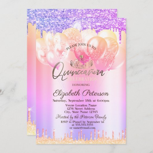 ティアラ, グリッター ドロップス バルーン オンブレ キンセアニェラ 招待状 (正面/裏面)