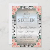 ティアラ、シルバーグリッターバラドットスウィート16パーティー 招待状 (正面)