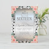 ティアラ、シルバーグリッターバラドットスウィート16パーティー 招待状 (スタンド正面)