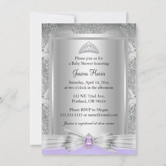 ティアラ&シルバーダマスクパープルベビーシャワー招待状 招待状 (裏面)