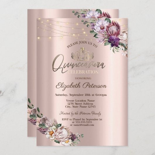 ティアラ,ストリングライトトロピカルフラワーズキンチェニェラ 招待状 (正面/裏面)