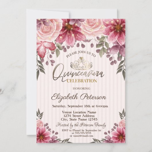 ティアラ、ストリングライトフラワーカークインセーストライプのニェラ 招待状 (正面)