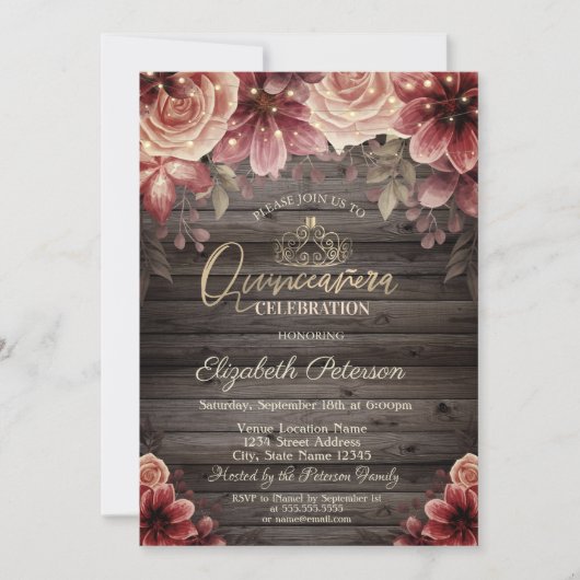 ティアラ、ストリングライトフラワーズウッドキンチェニェラ 招待状 (正面)