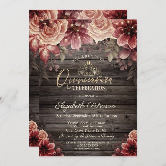 ティアラ、ストリングライトフラワーズウッドキンチェニェラ 招待状 (正面/裏面)