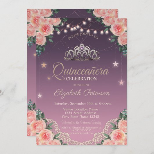 ティアラ、ストリングライト、レース、バラクインセアニラ 招待状 (正面/裏面)