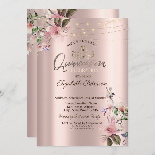 ティアラ、ストリングライト 春の花のキンセアニェラ 招待状 (正面/裏面)