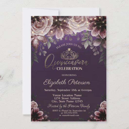 ティアラ、ストリングライト 花 紫のキンセアニエラ 招待状 (正面)
