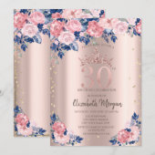 ティアラ ダイヤモンド 青いバラ ローズゴールド 30歳の誕生日 招待状 (正面/裏面)