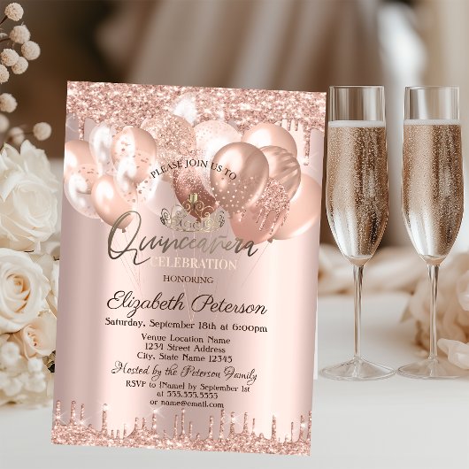 ティアラ、バラ金ゴールドグリッタードロップ気球キンセアニラ 招待状