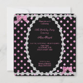 ティアラ ピンク ブラック ホワイト ポルカドット 誕生日パーティー 招待状 (裏面)