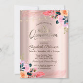 ティアラ、フラワーズ フェザー ローズ ゴールド キンセアニエラ 招待状 (正面)