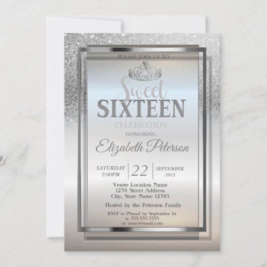ティアラ、フレームシルバーグリッター《写真》ぼけ味スウィート16パーティー 招待状 (正面)