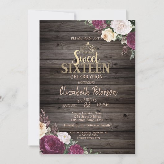 ティアラ、ブルゴーニュの花ウッドスイ素朴ート16パーティー 招待状 (正面)