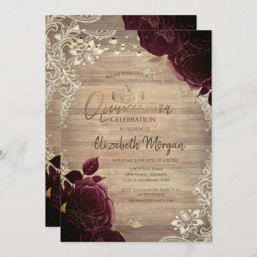 ティアラ、ライト、ウッドブルゴーニュバラレースキンセアニラ 招待状 (正面/裏面)