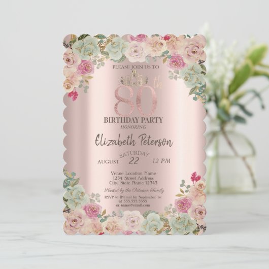 ティアラ、紙吹雪フローラ80誕生日 招待状 (スタンド正面)