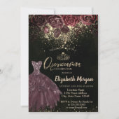 ティアラ、紙吹雪ブルゴーニュの花ドレスQuinceanera 招待状 (正面)