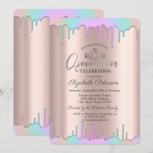 ティアラ 虹の雫 ローズゴールド Quinceañera 招待状 (正面/裏面)