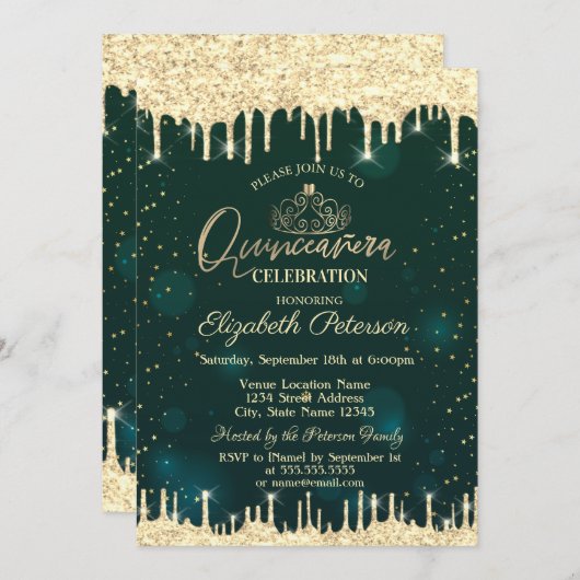 ティアラ、金ゴールドグリッタードリップススターズグリーンキンセアニラ 招待状 (正面/裏面)