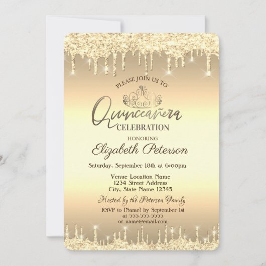 ティアラ、金ゴールドグリッタードロップクインセアニラ 招待状 (正面)