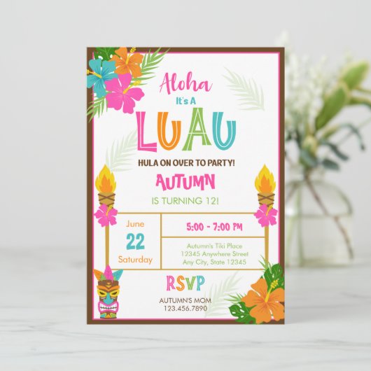 ティキアロハルアウ(ハワイ式宴会)ハワイアントロピカルサマー誕生日 招待状 (スタンド正面)