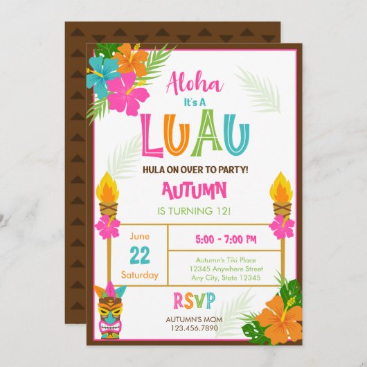 ティキアロハルアウ(ハワイ式宴会)ハワイアントロピカルサマー誕生日 招待状 (正面/裏面)