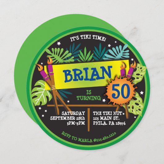ティキタイムルアウ（ハワイ式宴会）誕生日パーティーの招待 招待状 (正面/裏面)