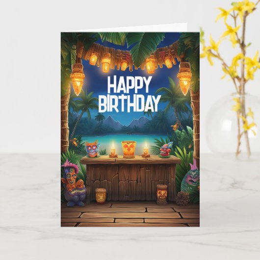 ティキルアウ（ハワイ式宴会）ハワイアントロピカルアイランドビーチ誕生日 カード (黄色い花)