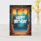 ティキルアウ（ハワイ式宴会）ハワイアントロピカルアイランドビーチ誕生日 カード (黄色い花)