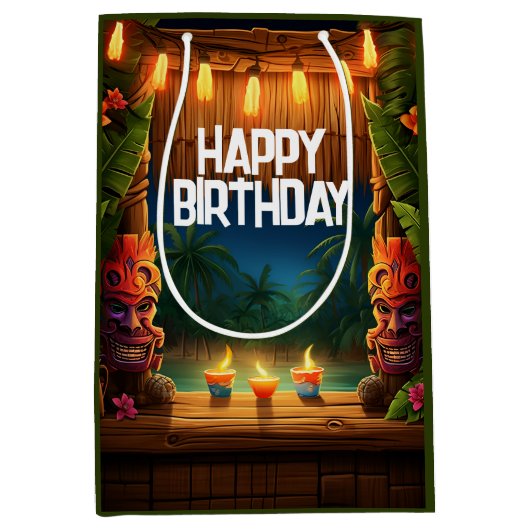 ティキルアウ（ハワイ式宴会）ハワイアントロピカルアイランドビーチ誕生日 ミディアムペーパーバッグ (正面)