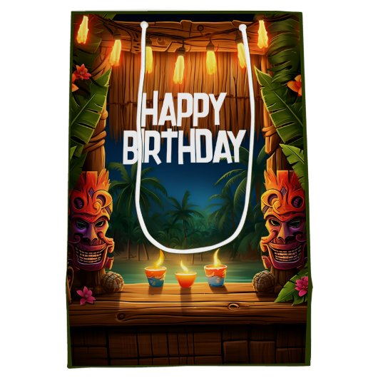 ティキルアウ（ハワイ式宴会）ハワイアントロピカルアイランドビーチ誕生日 ミディアムペーパーバッグ (裏面)