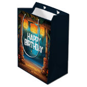 ティキルアウ（ハワイ式宴会）ハワイアントロピカルアイランドビーチ誕生日 ミディアムペーパーバッグ (裏面アングル)