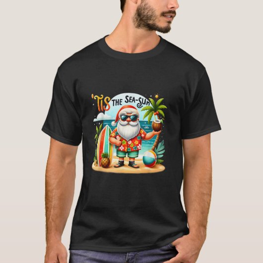 ティスザシーサンサンサンタビーチサマーおもしろいクリスマス Tシャツ (正面)