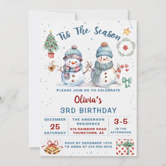 ティスザシーズンクリスマスホリデイ雪だるま誕生日 招待状 (正面)