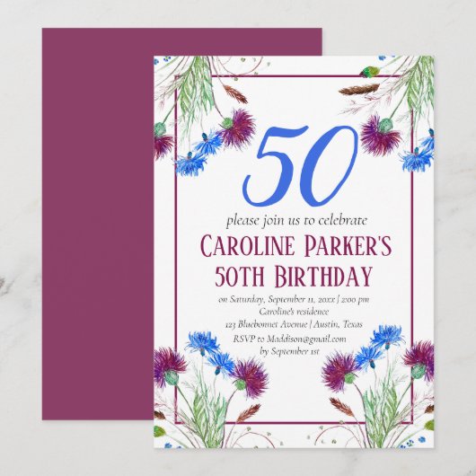 ティスルスコットランド50誕生日パープルフローラ 招待状 (正面/裏面)