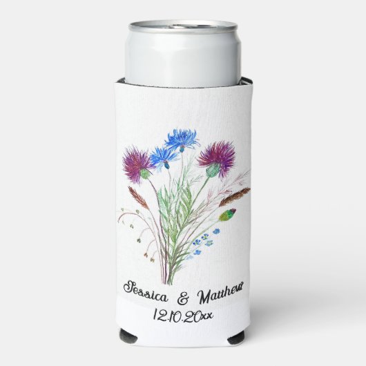 ティスルパープルフローラスコットランドウォーターカラーウェディング スリム缶クーラー (Seltzer正面)