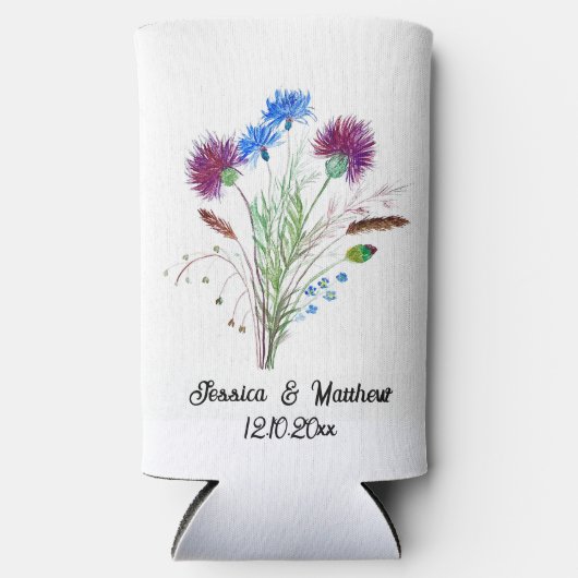 ティスルパープルフローラスコットランドウォーターカラーウェディング スリム缶クーラー (正面)