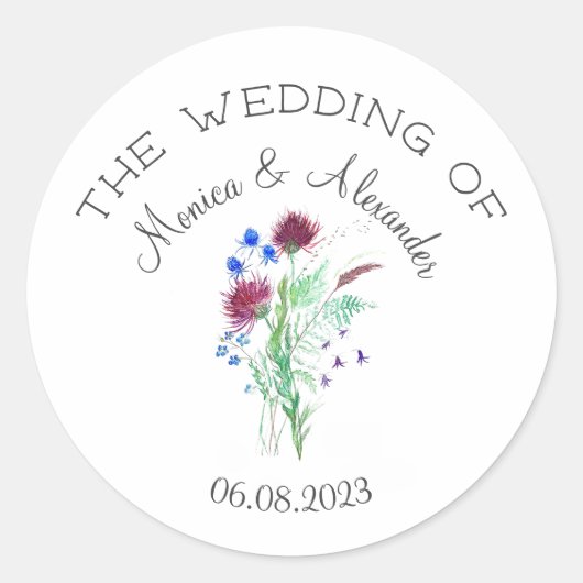 ティスルフローラスコティッシュウォーターカラーウェディングパーティー ラウンドシール (正面)