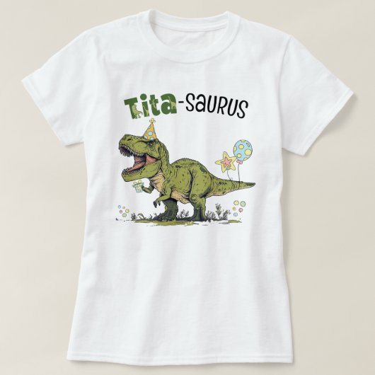 ティタサウルス恐竜テーマおもしろい子供の誕生日パーティー Tシャツ (デザイン正面)