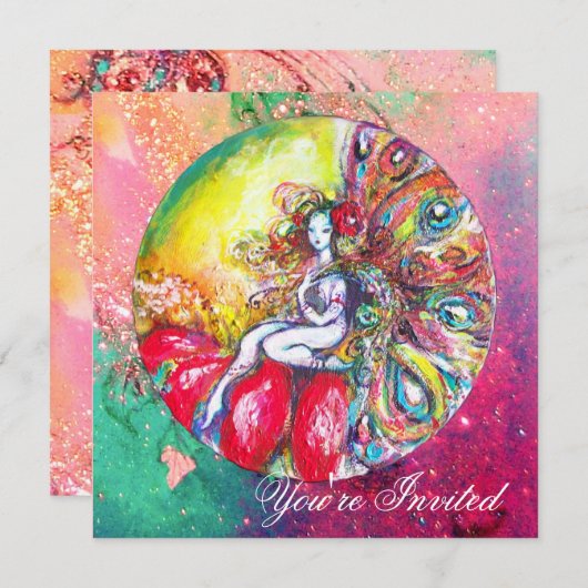 ティターニア、ピンクと黄色と青と緑と赤のきらきら 招待状 (正面/裏面)